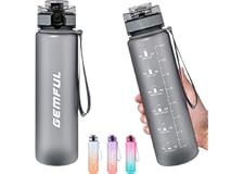 GEMFUL Water Bottle 1L with Time Marker Straw Tritan BPA Free for Fitness Gym and Outdoor Sports