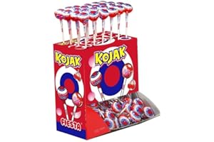 Fiesta Sucette Kojak fourrée Bubble Gum Cerise. Boite présentoir de 100