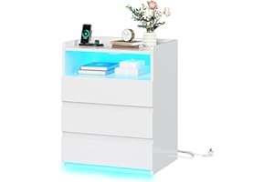 ‎AOGLLATI AOGLLATI Nachttisch mit Steckdosenleiste Nachtschrank mit Geräumiger Tischplatte,3 Schubladen und 1 Fach,Beistelltisch mit LED-Beleuchtung,Modern Sofatisch Couchtisch für Wohn- Schlafzimmer (1, Weiß)
