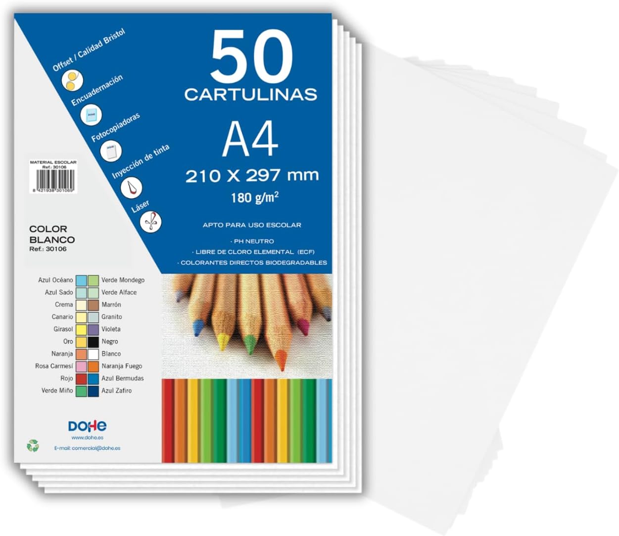 Dohe - Cartulinas Blancas A4 (50 uds.) - Tamaño 21x29,7 cm, Grosor 180 g/m², Manualidades, Impresión y Material Escolar