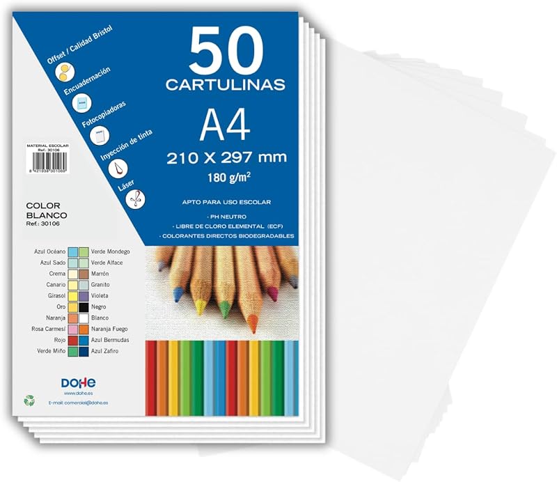 Dohe - Cartulinas Blancas A4 (50 uds.) - Tamaño 21x29,7 cm, Grosor 180 g/m², Manualidades, Impresión y Material Escolar
