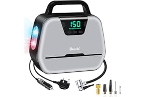 REESIBI Digital Tyre Inflator Air Compressor 240V Mains and 12V Car AC DC Dual Power Supply, LED Light & Adapter Kit