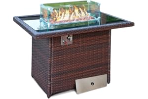 GOODS EMPORIUM Rattan Gas Fire Pit Table with Lava Stones, Removeable Wind Guard & Lid Cover - Outdoor Table Top Fire Pit for Garden, Patio, Conservatory - FREE RAIN COVER INCLUDED (Dark Brown)