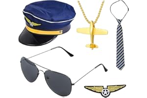 PIUMOJ Accessori Cosplay Hostess Volo, Accessori per Costumi da Hostess, Costumi di Hostess Cosplay per Festa di Carnevale Halloween con Cappello Sciarpa Guanti Occhiali da Sole Spilla, 5 pezzi