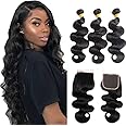 Nervoss Body Wave 3 Bundles with Closure 100% Unprocessed Brazilian Body Wave Human Hair Weave with 4x4 Free Part Lace Closure Natural Color (14 16 18+12,Bundles with Closure)
