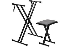 Aunguuk Double Braced X Frame Music Piano Keyboard Stand & Chair Set,Piano Stand with 7 Times Adjustable Height Positions,Braced X Frame Music Piano Keyboard Chair