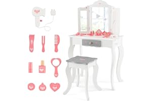 RELAX4LIFE Toeletta Trucco per Bambina, Specchiera Trucco con Sgabello e Accessori da Trucco, Toeletta in Legno, Specchio Rimovibile, per Bambini 3+ Anni (TRIPLO, 34x50x93cm)