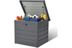 DKIEI 200L Metal Garden Storage Box, Outdoor Storage Box Waterproof, Lockable Outside Storage Box with Lid, Black Storage Container for Garden Tools, Toys, Cushion, Pillow, 72x62x63 cm