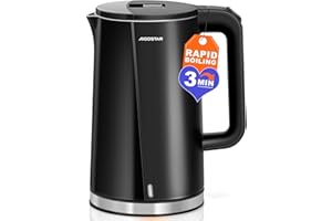 Aigostar Aubery - Elektryczne czajniki do wody ze stali nierdzewnej, 1,7 litra, 2200W, podwójna ochrona przed przegrzaniem, szybkie gotowanie, bez BPA, czarny