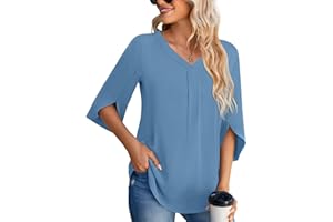 Aodemo Women's 2024 Summer Dressy Chiffon Blouse 3/4 Sleeve V Neck Tunic Loose Tops Casual Loose T-Shirt