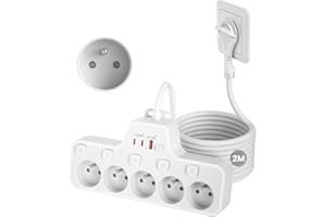 QAKALN Multiprise Extra-Plate 5 Prises Française,Prise Fiche Plate Derriere Meuble avec Terre 16A 2P+T,Multiprise Electrique avec Interrupteur Individuel,PD20W Bloc Multiple Murale,Rallonge Câble 2 m,Blanc