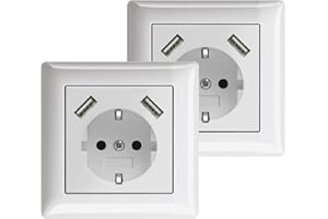 IMABO 230 V Steckdose mit 2 x USB Ladegeräten, Schuko Wandsteckdose Unterputz, passend für Gira System 55, Jung AS 500, Reinweiß glänzend, Alpinweiß, Weiß, TÜV Rheinland zertifiziert (2 x Einfachsteckdose)