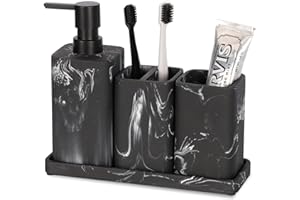 ZCCZ Badezimmer Set – 4 Teile – Badezimmer Organizer mit Zahnbürstenhalter, Zahnputzbecher, Seifenspender, Seifenschale, für Kosmetik und Wattestäbchen – Edle Badezimmer Deko in Marmor-Optik, schwarz