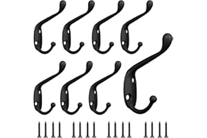 Sheryl&Rain Black Coat Hooks, 8 PCS Metal Clothes Hooks Vintage Wall Hooks Heavy Duty Door Hook Wall Mounted Coat Rack Retro Hat Hook with Screws for Hanging Coat, Hat, Scarf, Robe & Bag