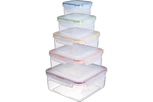 LOCKNLOCK 5pce container set - Square & Nestable with Col Seals 2.1lt/1.3lt/820ml/430ml/180ml