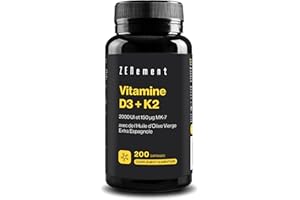 Vitamine D3 + K2, 2000 IU & 150µ MK-7, 200 Capsules | avec de l'Huile d'Olive Vierge Extra Biologique | Os, Muscles et Système Immunitaire | 100% Ingrédients Naturels | Zenement