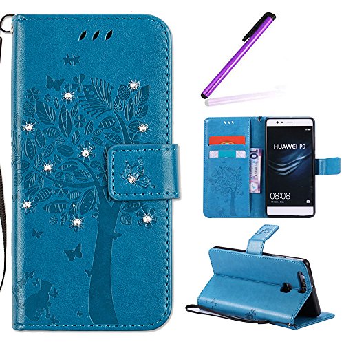 Preisvergleich Produktbild EMAXELERS Huawei P9 Hülle,Schutzhülle Ledertasche Schwarz PU Leder Brieftasche Diamant Schmetterlinge Handytasche Schale Standfunktion für Huawei P9,Diamond Blue Wishing Tree