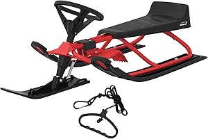 ECD Germany Slitta con Volante e Freno in Acciaio per Bambini a Partire da 5 anni Bob da Neve con Sedile e Schienale Slittino da Corsa Skibob per Adulti fino a 90 kg con Corda di Trazione