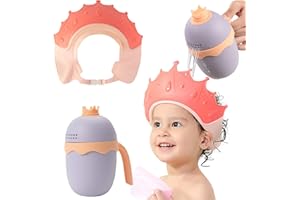 FUNUPUP Gorro de ducha de bebé para niños con taza de enjuague de baño, ajustable para lavar el cabello, champú, sombrero de ducha para niños de 6 bocas a 9 años (corona rosa)