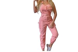 WEOPLKIN Combinaison De Travail Femme Salopette Femme Chic Combishorts Sans Manches Slim Salopette Couleur Unie Sexy Cargo Combi Ceinture Pantalon Jumpsuit Ete