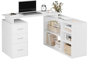 FirFurd Scrivania Angolare,Scrivania ad Angolo a forma di L, Scrivania con Cassetti in Legno, scrivania con libreria e Ripiani, per Soggiorno Studio Ufficio129x104x76cm White