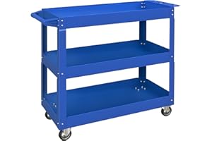 DURHAND Chariot desserte d'atelier Acier 3 Plateaux sur roulettes avec poignée - Charge Max. 150 kg - 83 x 35,3 x 76 cm Bleu