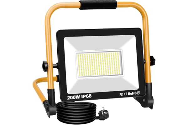 RIGIDON 200W Projecteurs de Chantier, 20000LM Lampe d'extérieur Pliable Portable Projecteur Led, Phare de Travail Led Pour Travaux d'atelier, Garage, Terrasse, Jardin, Etanche IP66 6000K Blanc