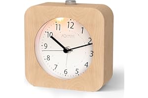 aboveClock Reloj Despertador analógico de Madera, Reloj Despertador Cuadrado con repetición de Alarma, Funciona con Pilas, sin Tic-TAC, luz Nocturna, Despierta Suavemente