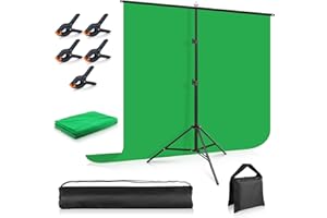 Zielone tło ekranu ze stojakiem 150 x 200 cm, Foccalli Photography Backdrop Stand z muślinowym tłem Chromakey, 5 klipsów tła i workiem z piaskiem do strumieniowej sesji zdjęciowej do gier (150 x 200