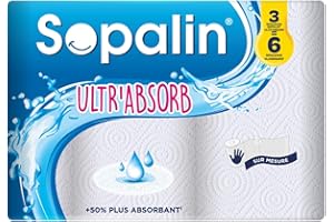 Sopalin Ultr’Absorb - 3 maxi rouleaux égal à 6 rouleaux classiques - 50% plus absorbant - Maxi rouleaux 2 fois plus longs - Demi-feuilles