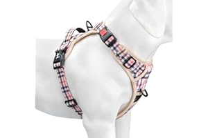PoyPet No Pull Dog Harness, [Release on Neck] Reflective Adjustable No Choke Pet Vest with Front & Back 2 Leash Attachments, Soft Control Training Handle for Small Dogs(Checkered Beige,S)