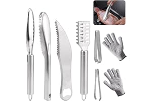 SSIYIYA Fischschuppen-Entferner, Edelstahl-Fischschuppen-Reiniger, Schaber mit kratzfesten Handschuhen, 2 Fischgrätenpinzetten, Küchenschäler-Entkalker-Set, Fischhautreibe, Schälwerkzeug