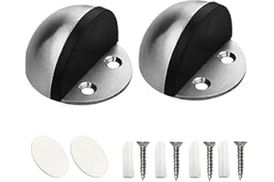 Gendewiner Stainless Steel Door Stopper, 2 Pack, Heavy Duty, Sound Dampening Rubber Buffer, Floor Mounted with Screws or Self Adhesive Pads, Smooth Planes & Flat Surfaces, DIY, Silver