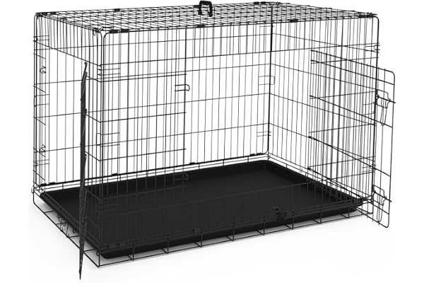 VOUNOT® Cage pour Chien Pliable avec 2 Portes Verrouillables et Plateau Amovible Cage Chien Pliante en Métal Cage de Transport pour Chien 122x75x81cm Noir