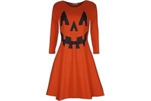 Fashion Star Oops Outlet Womens Halloween Skull Scary Cat Round Neck Ladies Long Sleeve Skull Cat Flared Mini Swing Dress