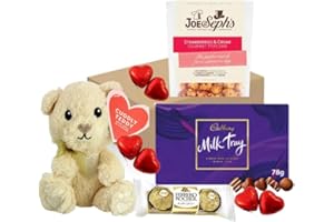 AMAMITRADE Mother's Day Gift Hamper - Plush Teddy, Cadbury Tray, Ferrero Rocher, Popcorn & Milk Chocolate Love Hearts - Gift For Her, wife, mum - Couples Hamper