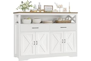 MASAJIA Aparador de Cocina Rústico Blanco 140x40x105 cm - Aparador Grande con 2 cajones y Estante Abierto, Mueble Buffet para Comedor
