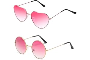 QINCLING 2pcs Herz Sonnenbrille Rund Hippie Gläser Neon Brille Pink Vintage Brille Retro Partybrillen Rosa Kostüm Accessoires für Karneval Party Foto Requisiten Herren Damen 70er 80er Jahre John Lennon