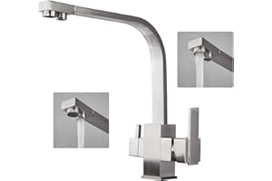 KEOKBON 3 Way Kitchen Mixer Tap with Drinking Filtered Water Outlet, 3 in 1 Drinking Water Tap for Kitchen Sink,Square Design Triflow Kitchen Tap Solid Brass, 360° Swivel Spout, Chrome