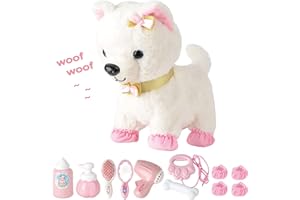 RuiDaXiang Chien électronique pour Animaux de Compagnie avec Laisse et Accessoires à Distance,Marche, Aboiements,Animaux en Peluche Interactifs,Filles de 3-6 Ans (Blanc)
