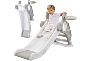 ‎YOLEO YOLEO Rutsche, Kinder Fun-Slide mit Basketballkorb, Faltbar Kinderrutsche, Gartenrutsche Kleinkinderrutsche für 2 3 Jahre, Indoor & Outdoor Rutschbahn mit Rutschauslauf Grau