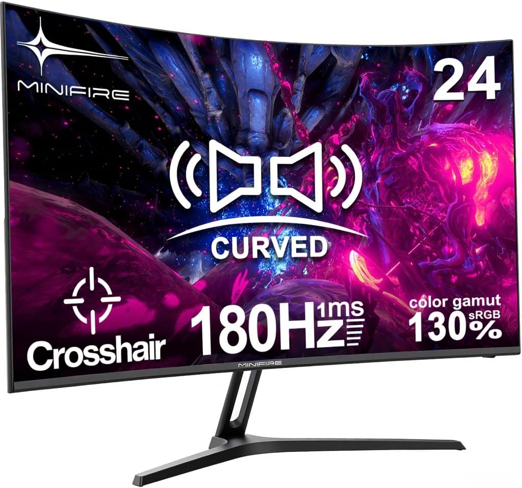 Minifire 24 Inch Curved Gaming Monitor 180Hz, Built in Speaker, FHD 1920x1080, Crosshair 1ms, sRGB130%, HDR, 1500R, FreeSync, 300cd/m², Frameless, HDMI＆DP Ports, VESA Compatible, Eye Care (MFG24C1)