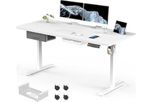 Flamaker Standing Desk with Drawers, 160 x 70 cm Electric Desk with USB Charging Sit Stand Desk Height Adjustable Desk with Cable Management Tray, White with Wheels