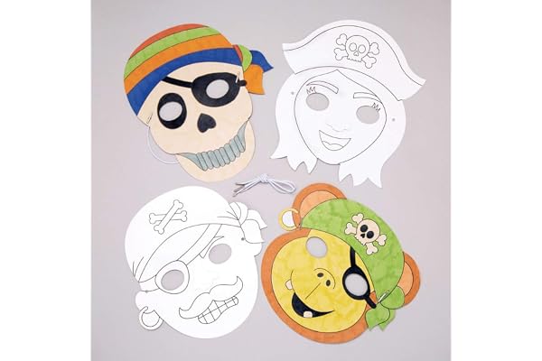 Baker Ross Kits de masques pirates à colorier (lot de 8) - Assortiment de masques pirates que les enfants pourront décorer et porter lors des fêtes ou pour se déguiser., Blanc, assorted