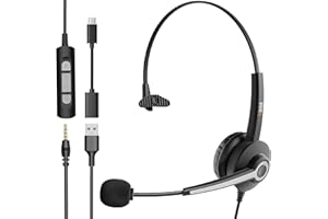 Wantek Cuffie Mono con microfono per cancellazione del rumore, USB/Tipo C/3,5 mm jack 3 in 1 Cuffie con Filo PC, controllo del volume per Call Center, Skype, Zoom, Home Office, corsi online
