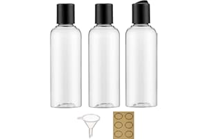 Apstaqeoo 3 botellas de plástico de 200 ml con tapa abatible de disco, botellas vacías para apretar, contenedores de viaje recargables transparentes con embudo y etiqueta para líquidos, loción,