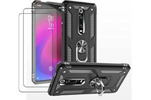 JOYTAG Hülle für Xiaomi Mi 9T/MI 9T Pro Hülle，handyHülle+ Gehärtetes Glas Schutzfolie [2 Stück] Silikon TPU 360 Grad Drehring aus Halter magnetisch Autotelefon case-Schwarz
