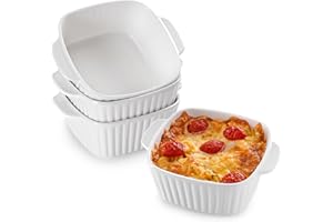 NUTRIUPS 400 ml Ceramic Baking Dishes Set of 4, 5.7x4.5x2.2'' Square Baking Dishes for Air Fryer, White Small Baking Dish, Ceramic Bakeware with Handles, Oven-Safe & Microwave-Safe