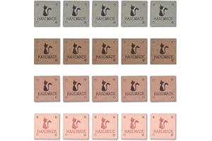Borsgye 40 Stück Handmade Leder Etiketten Tags Hand Made Label zum Annähen Handgefertigte Kleidung Nähetiketten PU Label Aufnäher mit Löchern für DIY Jeans Nähen Basteln Bekleidung 2x5cm - Katze