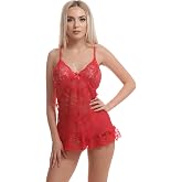 Mimmi Love Lace Sexy Nightgown, V-Neck, Weightlifting Tied, Lace Detailed, Black and Red